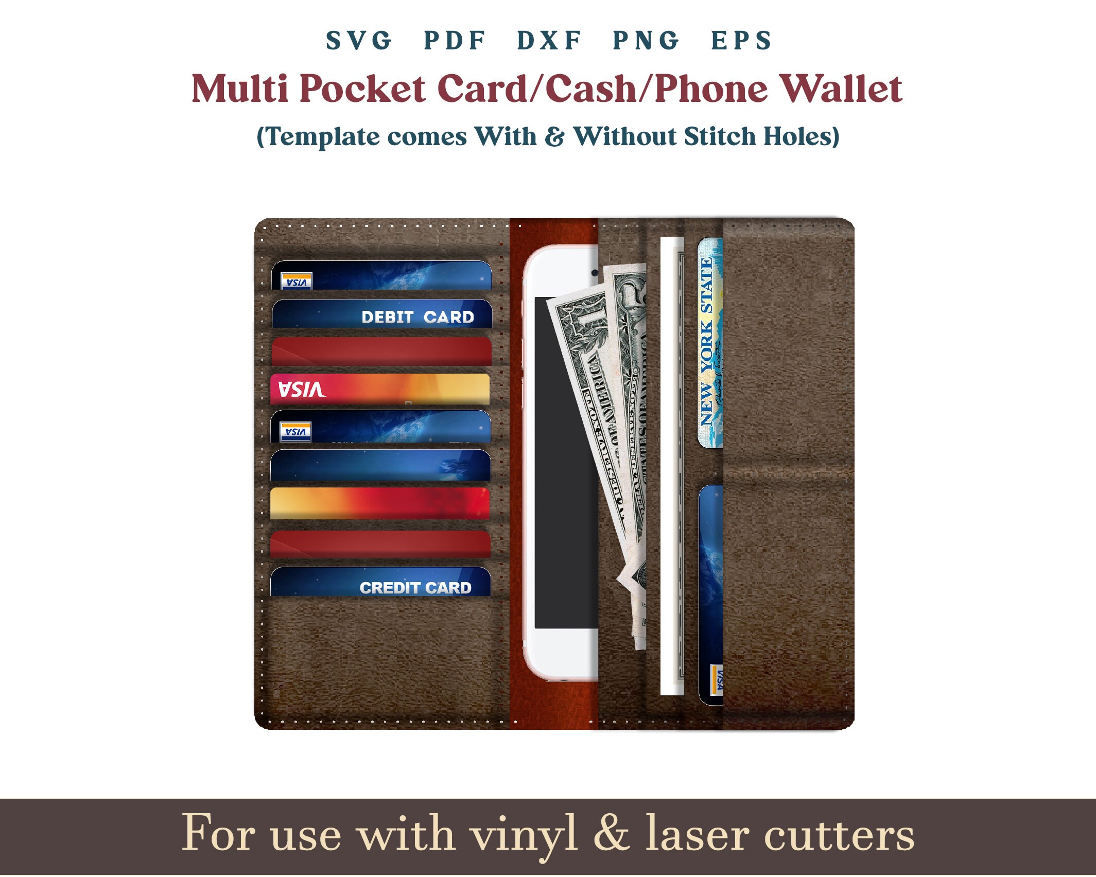 Leather Laser Cut Wallet Svg, PDF Multi Pocket Vertical Wallet Template ...