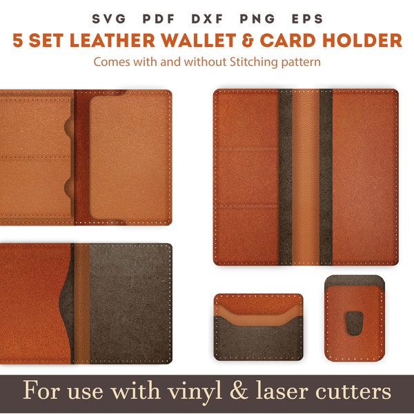 Leather wallet SVG PDF Pattern, 5 Set leather minimalist Bifold wallet and card holder wallet Pdf svg, Passport Cover SVG leather laser File