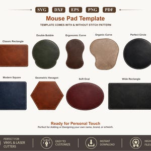 May include: A digital mouse pad template collection featuring nine distinct shapes including rectangles, circles, hexagons, and ovals in various colors. The text reads Mouse Pad Template, SVG, DXF, EPS, PNG, PDF, and Ready for Personal Touch.