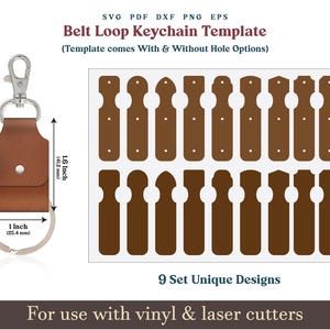 Llavero de cuero con presilla para cinturón svg, llavero con conector personalizable de 1" Patrón SVG PDF, paquete de archivos cortados con láser de cuero Cricut Glowforge en 8.5x11