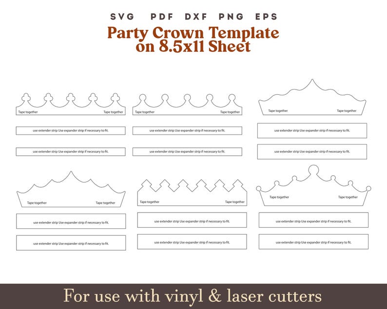 Crown SVG Template, Birthday crown svg, Princess crown svg Party Hat svg, Printable paper cown PNG PDF on 8.5x11" Sheet crown laser cut file