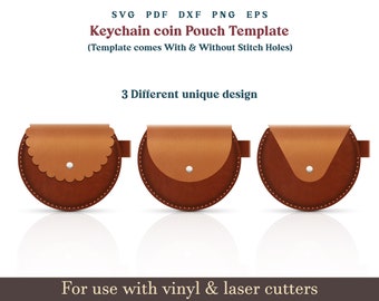 Sleutelhanger munt zakje Svg-sjabloon, 3 set mini compact zakje lederen laser- en pdf-patroon, zakje portemonnee Svg, Cricut Glowforge lasergesneden bestanden