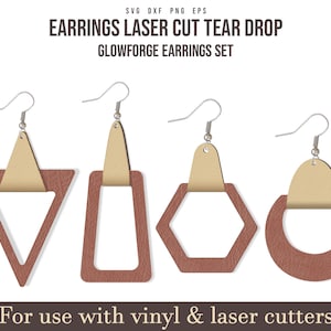 May include: Set of four laser cut earring designs. The earrings are made of brown leather with a beige insert. The designs include a triangle, a rectangle, a hexagon, and a circle.