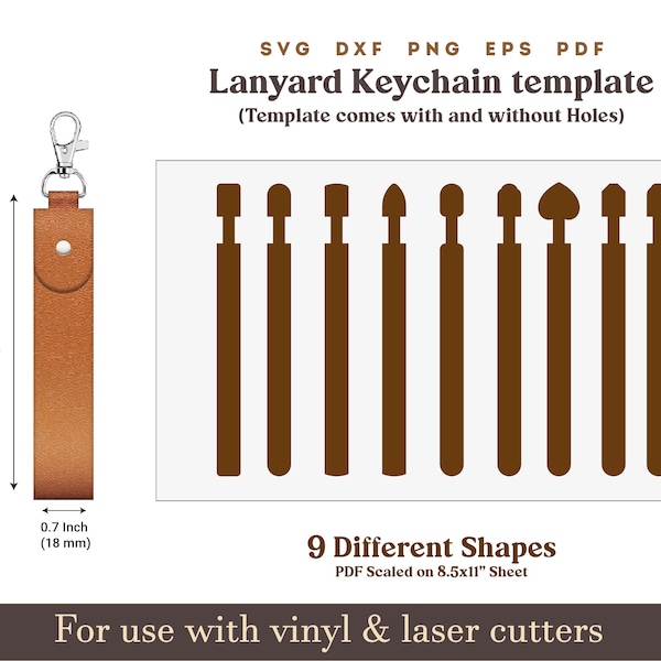 leather keychain svg Template, Customize lanyard keychain SVG PDF Pattern, Cricut Glowforge Leather laser cut file Bundle on 8.5x11 sheet