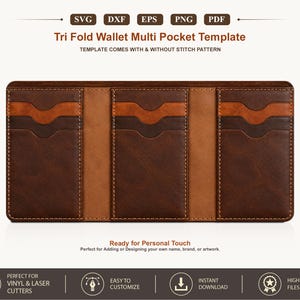 May include: A digital template for a tri-fold wallet with multiple pockets, featuring brown and tan leather-like sections with visible stitching. The text reads Tri Fold Wallet Multi Pocket Template, SVG, DXF, EPS, PNG, PDF, and Ready for Personal Touch.