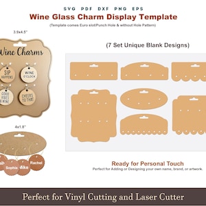 May include: A template for wine glass charm displays. The image shows various brown cardstock cutouts, including shapes for wine charms and display cards. Text includes "Wine Charms," "SIP HAPPENS," "WINE O'CLOCK," "GOOD VIBES & WINE," and "CHEERS TO THAT." The template is 3.9 x 4.5 inches and 4 x 1.8 inches.