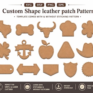 Leder Patch svg, Hutpatch Vorlage, Benutzerdefinierte Form Hut Patch Form mit Nähstiches, Cricut Glowforge Leder Laser Cut Datei Bundle DXF