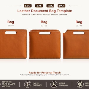 May include: A digital template for a leather document bag featuring three distinct rectangular designs with integrated handles and white stitching. The text reads Leather Document Bag Template, Bag 01/03, Bag 02/03, Bag 03/03, and Ready for Personal Touch.