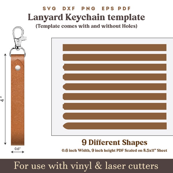 Leather Keychain svg, lanyard keychain Template, PDF Leather Keychain Pattern, Glowforge Leather laser cut file Bundle on 8.5x11 sheet pdf