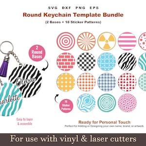 May include: A digital design bundle titled Round Keychain Template Bundle featuring SVG, DXF, PNG, and EPS file formats. It includes two round keychain bases with purple tassels and eighteen circular sticker patterns with various geometric designs.