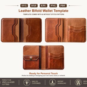 Leather Card Wallet SVG Template, PDF Bifold Wallet Pattern with Card & Coin Pockets, Cricut Glowforge Leather Laser Cut File Dxf
