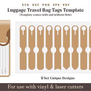 Gepäckanhänger, 9er Set Kunstleder Taschenanhänger PDF Muster, Reisetasche Name Label glowforge Cricut Laser Cut Datei Bundle Dxf
