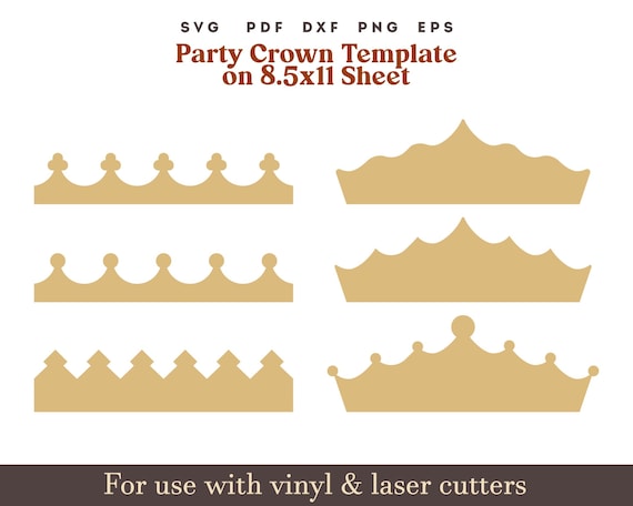 Crown SVG Template, Birthday crown svg, Princess crown svg Party Hat svg, Printable paper cown PNG PDF on 8.5x11" Sheet crown laser cut file