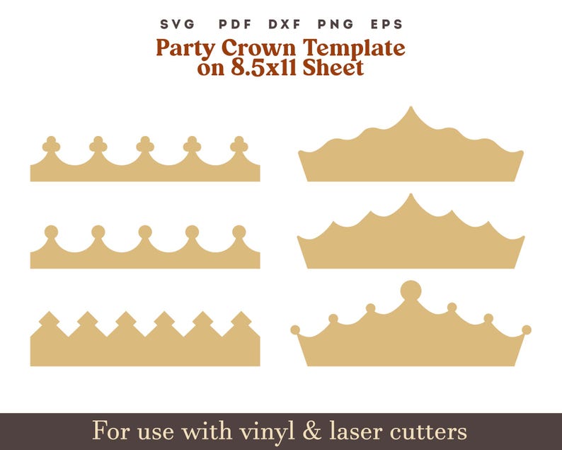 Crown SVG Template, Birthday crown svg, Princess crown svg Party Hat svg, Printable paper cown PNG PDF on 8.5x11" Sheet crown laser cut file