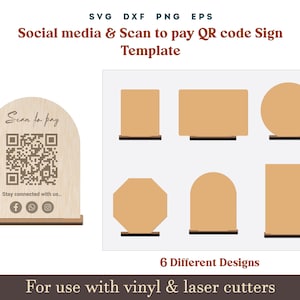 Scannen om te betalen teken SVG, QR-code tekensjabloon voor sociale media, acryl houten displaystandaard teken sjabloon Glowforge SVG Dxf lasergesneden bestanden