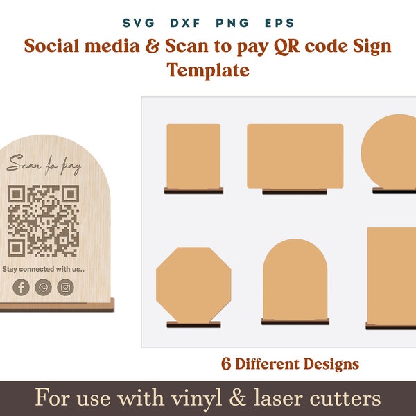 Scan to Pay Zeichen SVG, Social Media QR-Code Zeichen Vorlage, Acryl Holz Display Stand Zeichen Vorlage Glowforge SVG Dxf Laser geschnitten Dateien