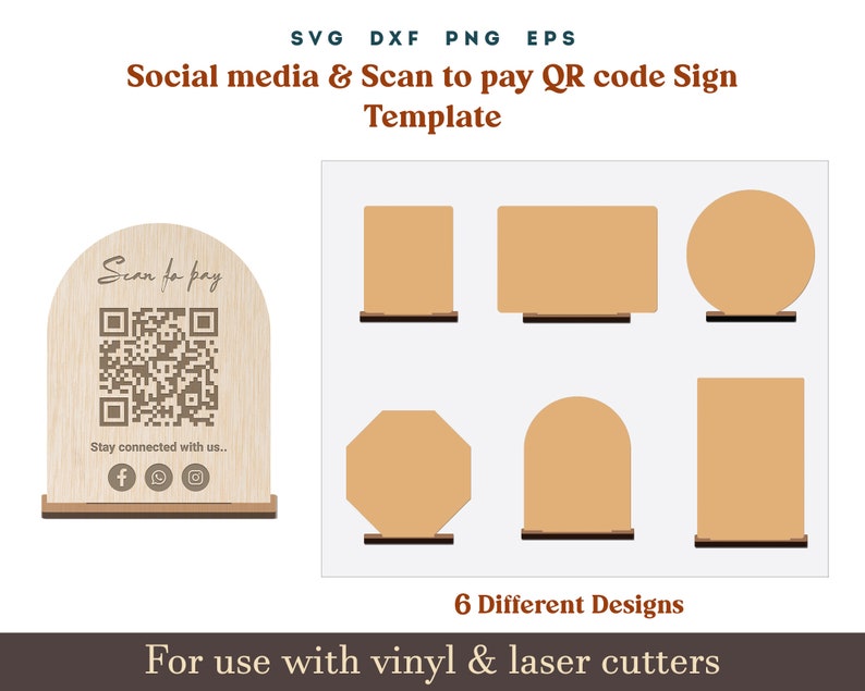 Scan to Pay Sign SVG, Social media QR Code Sign Template, Acrylic wooden Display Stand Sign Template Glowforge SVG Dxf Laser cut Files