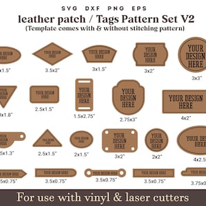 toppa in pelle in formato SVG, etichette in pelle in formato SVG, 21 set di toppe per cappelli in formato SVG, forma in pelle con punti di cucito, pacchetto di file di taglio laser in pelle Glowforge in formato SVG