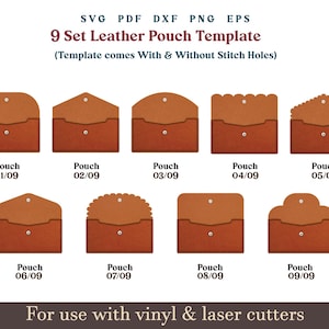 Compact Leather Pouches svg, 9 Set Pouch bundle svg, Pouch Wallet Svg, Envelope pouch Pattern With Sewing Stiches, Glowforge laser Cut files