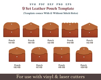 Compacte leren zakjes svg, 9 set zakje bundel svg, zakje portemonnee Svg, envelop zakje patroon met naaisteken, Glowforge lasergesneden bestanden