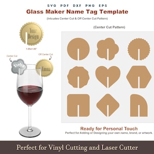 May include: A digital template for glass maker name tags. The design includes various shapes and sizes, with a wine glass filled with red liquid. The text reads "Glass Maker Name Tag Template" and "Perfect for Vinyl Cutting and Laser Cutter."