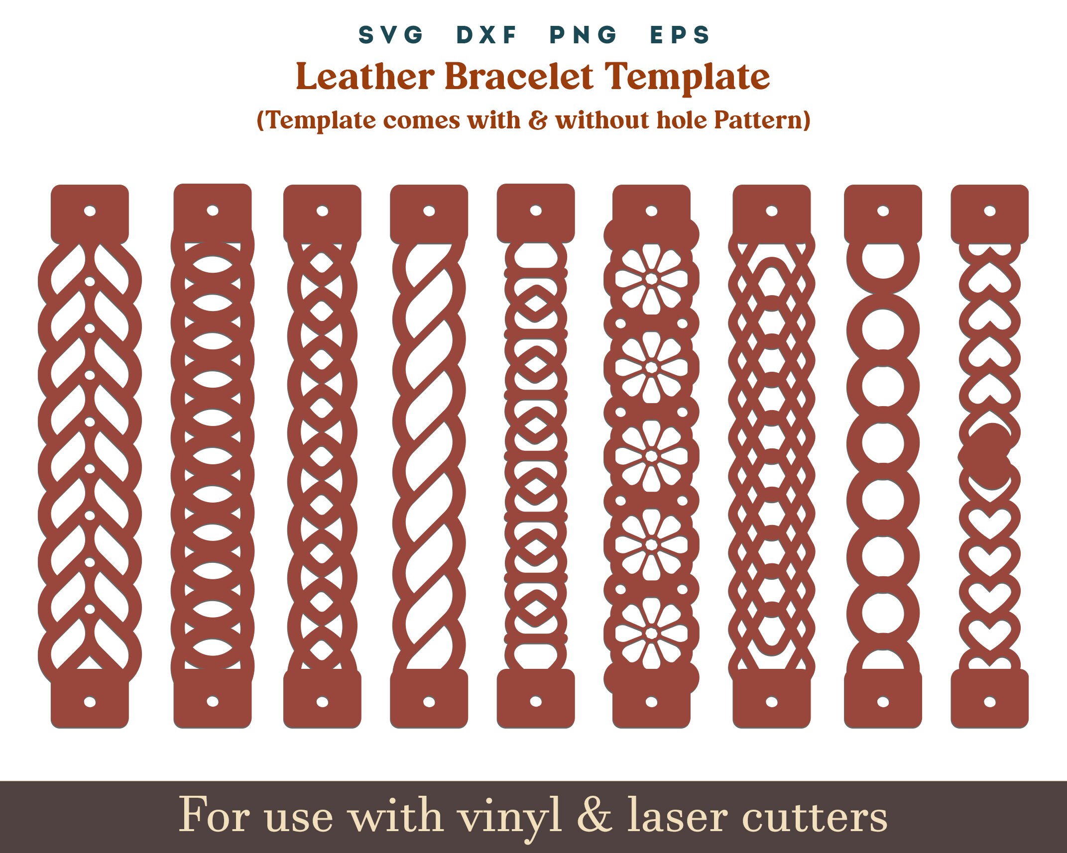 Leather Bracelet SVG, 9 Set Bracelet SVG pattern, Faux leather Cuff Glowforge cricut leather laser bracelet cut file Svg Dxf Template Bundle