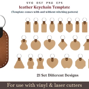 leather keychain svg Bundle, 21 Set Leather Keychain Key Fob cut Pattern With Sewing Stiches, Glowforge cricut Leather laser cutting file