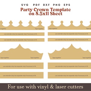 Crown SVG Template, Birthday crown svg, Princess crown svg Party Hat svg, Printable paper cown PNG PDF on 8.5x11" Sheet crown laser cut file