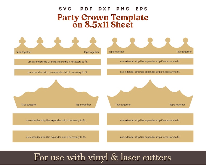 Crown SVG Template, Birthday crown svg, Princess crown svg Party Hat svg, Printable paper cown PNG PDF on 8.5x11" Sheet crown laser cut file