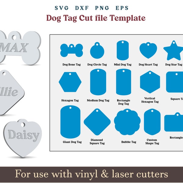 Dog Tag template SVG, Dog ID tag SVG, Pet id tags, Glowforge Laser cut files and dxf laser engraving machine files