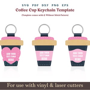 Coffee cup keychain Svg, Keychain Svg Template, Faux Leather Keychain Pattern With Sewing Stiches Cricut Glowforge laser SVG Cut file