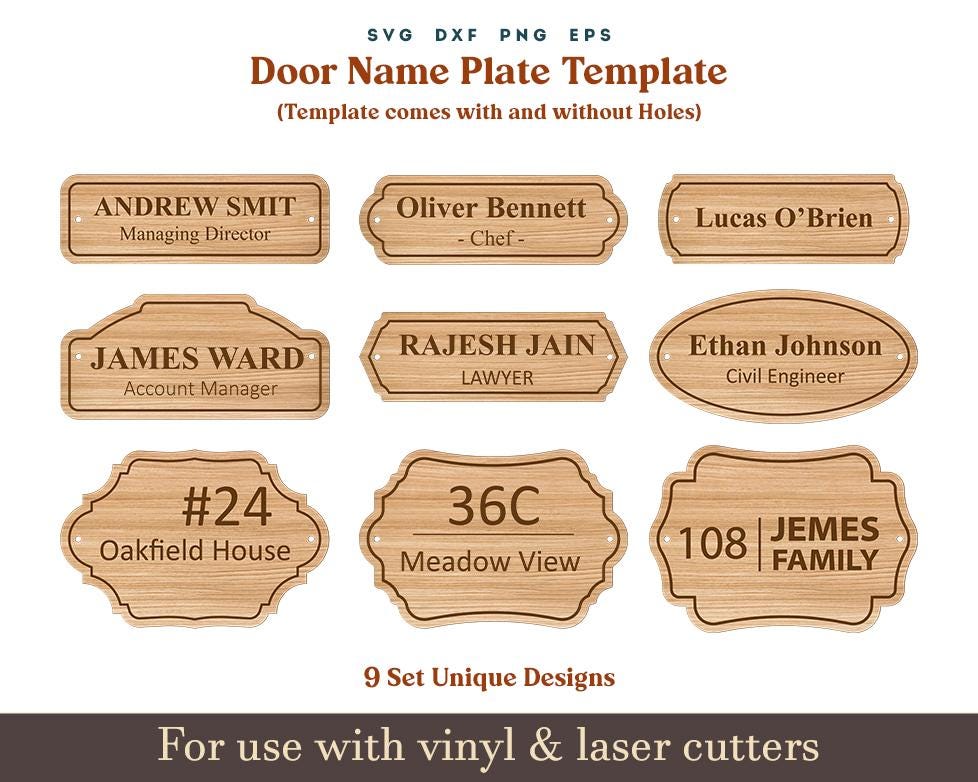 Door name Plate Svg, Title Plates for Memorials Name Tags ID Nameplate House Name plate Svg, Wooden acrylic House Name Board laser cut file
