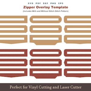 May include: A digital template for zipper overlays in various shapes and sizes, including options with and without stitch patterns. The design features tan and reddish-brown rectangular shapes with rounded and straight edges. Text at the top indicates file formats: SVG, PDF, DXF, PNG, EPS.