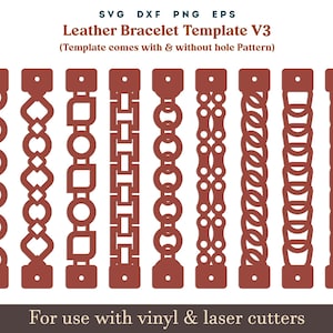 Leather Bracelet SVG Template, 9 Set Bracelet SVG pattern, Faux leather Cuff Glowforge cricut leather laser bracelet cut file Dxf Template