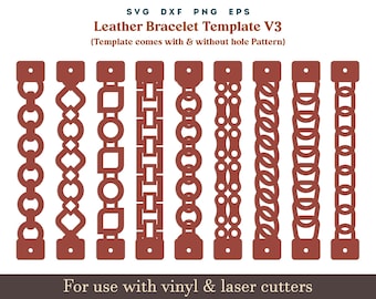 Leather Bracelet SVG Template, 9 Set Bracelet SVG pattern, Faux leather Cuff Glowforge cricut leather laser bracelet cut file Dxf Template