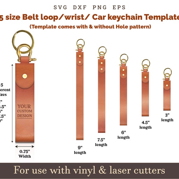 Wristlet keychain svg Template, 5 Size Belt loop Car Keychain Neck Lanyard SVG keychain Pattern, Cricut Glowforge Leather laser cut files