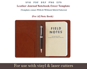 Leather Journal Cover Template SVG, A5 Leather Notebook Cover PDF Pattern With Sewing Stiches, Notebook Sleeve Glowforge Leather laser files