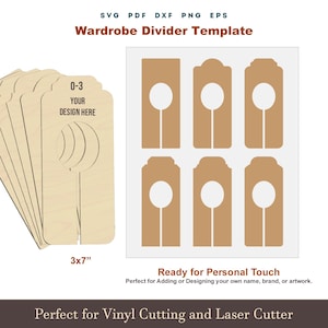 May include: A template for wardrobe dividers, featuring a light wood grain design. The image includes a stack of dividers and a set of six brown dividers with a circular cutout and a stem. Text includes "Wardrobe Divider Template" and "3x7".