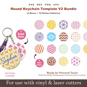 May include: A digital design bundle titled Round Keychain Template V2 Bundle featuring SVG, DXF, PNG, and EPS file formats. It includes two round keychain bases with tassels and eighteen circular sticker patterns with various colorful geometric designs.