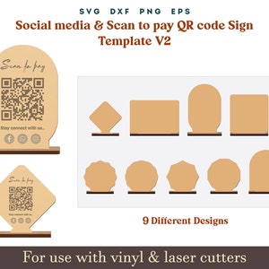 social media sign svg, 9 Set Scan to Pay Sign SVG Template, QR Code Sign, Acrylic wooden Display Stand Sign Glowforge SVG Dxf Laser cut File
