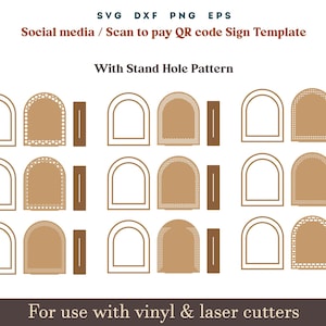 Qr code sign svg, Scan to pay social media sign template, 9 Set Acrylic wooden Display Stand Sign Template Glowforge SVG Dxf Laser cut Files