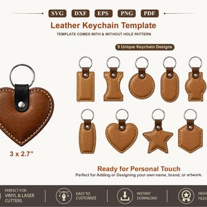 Vorlage für einen Leder-Schlüsselanhänger (SVG, PDF): 9 Schnittmuster mit Nähstichen, kompatibel mit Cricut und Glowforge (Laser-Schlüsselanhänger-Dateien).