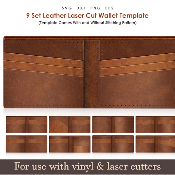 Leder Brieftasche SVG-Vorlagen, 9-er Set Bi-Fold Brieftasche Muster mit Nähstich Löcher, Glowforge Cricut Brieftasche Laser Cut Datei Bundle DXF SVG