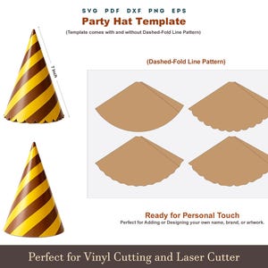 May include: Party hat template with yellow and brown stripes, 7 inches tall. Includes a dashed-fold line pattern and is ready for personal touch. Perfect for vinyl cutting and laser cutter projects.