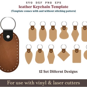 Lederen sleutelhanger sjabloon SVG, 12 set lederen sleutelhanger sleutelhanger gesneden patroon met naaisteken, Glowforge leer lasersnijden bestand bundel