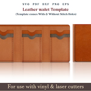 Cartera de cuero tríptico SVG, patrón PDF de cartera minimalista de cuero con puntadas de costura, archivo láser de cuero Cricut Glowforge DXF