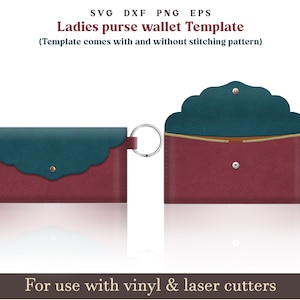 Bolso de mujer SVG, billetera de cuero SVG, llavero de cuero sintético, patrón de monedero con puntadas de costura, archivo láser de cuero Glowforge Cricut
