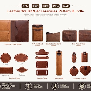 Paquete de patrones para cartera de cuero y accesorios, plantillas SVG y PDF para corte láser, cartera para pasaporte, tarjetero, llavero, portalápices, parche para sombrero (DXF)