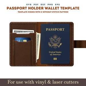 Porta-passaporte de couro SVG, capa para passaporte em PDF, padrão para porta-cartões de couro com ponto de costura, arquivos de couro a laser Glowforge