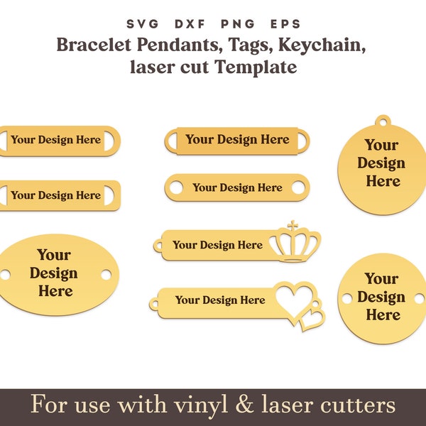 Bracelet en bois inscrit, Bracelet Pendentif svg, Ajoutez votre propre texte! bracelet personnalisable pendentif laser découpe fichier Svg Bundle, porte-clés Formes